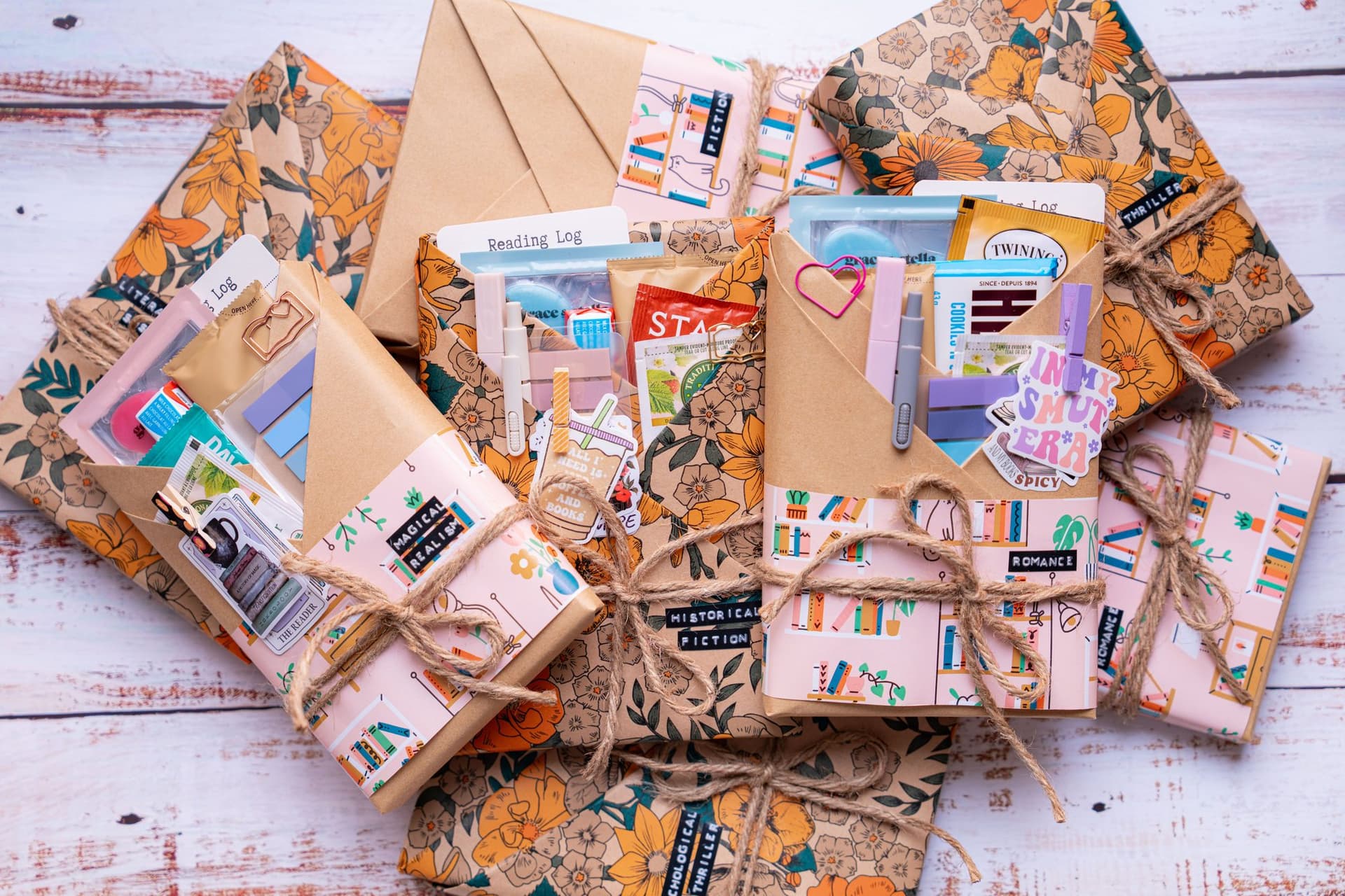A Thrifty Book Bundle wrapped in kraft paper and twine